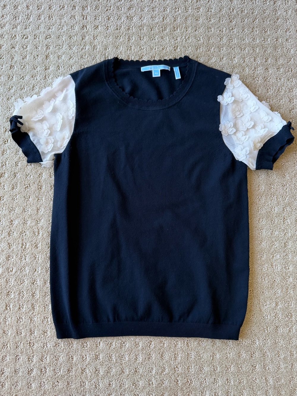Draper James Navy Knit Sweater with White Floral Applique Sleeves, Size XS
